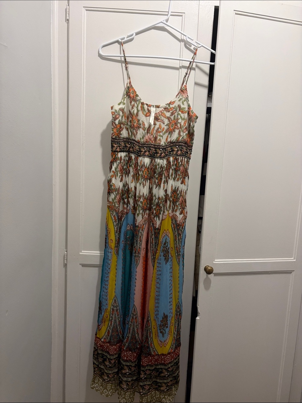 Anthropologie Floral Paisley Maxi Dress in Blue, Yellow, Orange & Cream